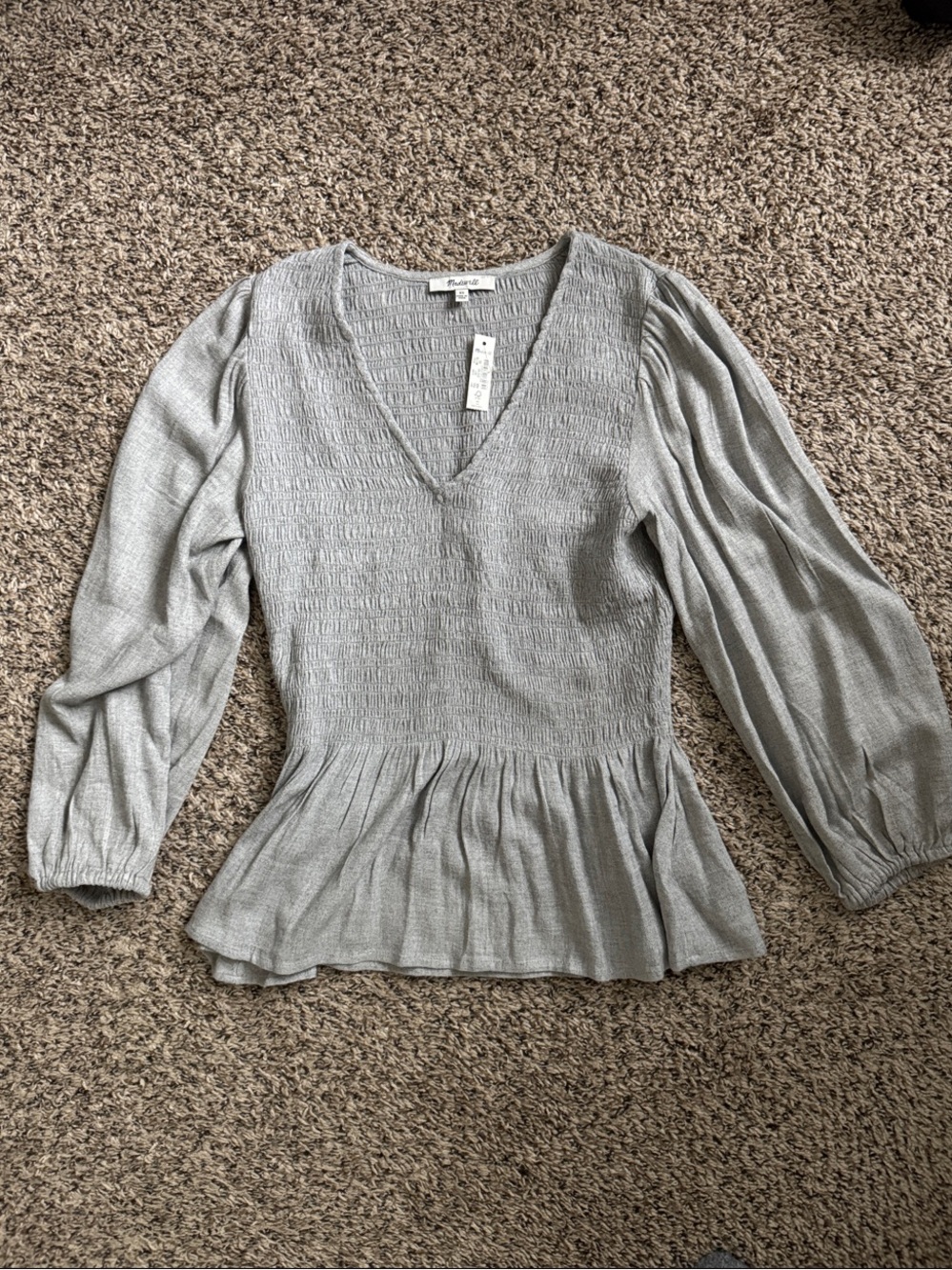 Madewell Light Silver Gray Smocked V-Neck Peplum Blouse